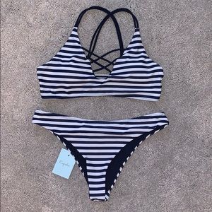 Navy and white striped swimsuit bikini